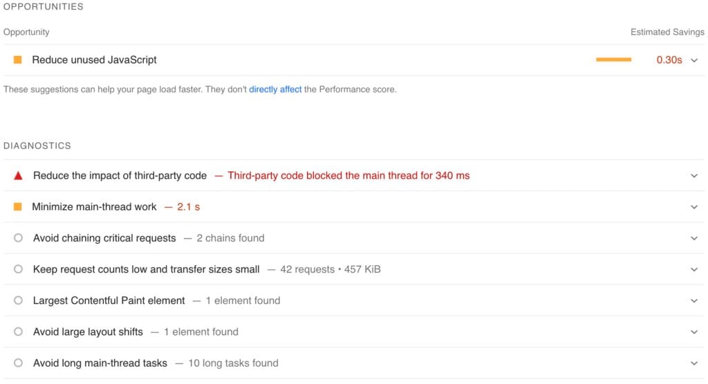 Forslag til optimeringer i Google PageSpeed Insights