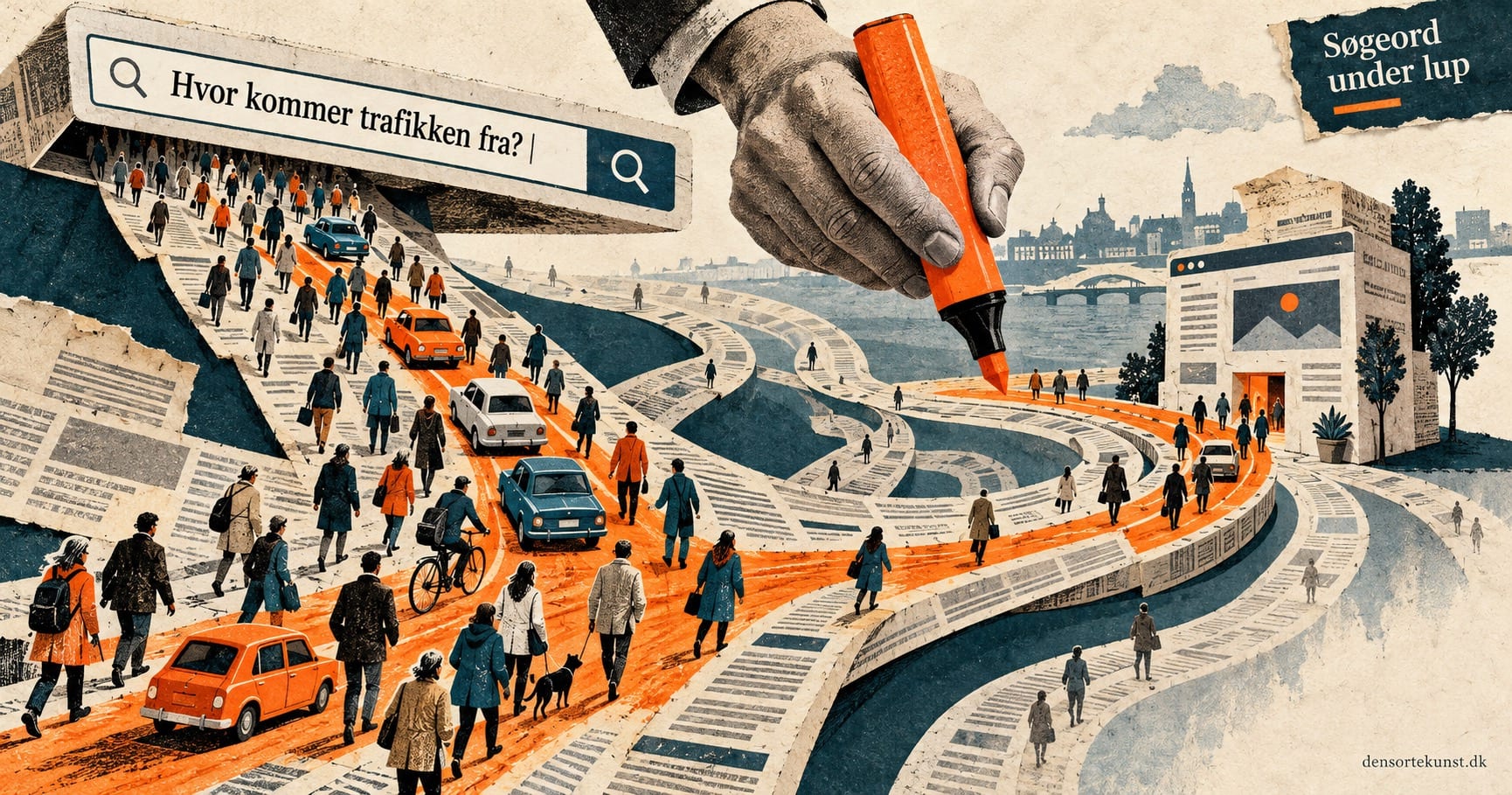 Søgeboks med spørgsmålet hvor trafikken kommer fra, og spor der fører hen til en hjemmeside.