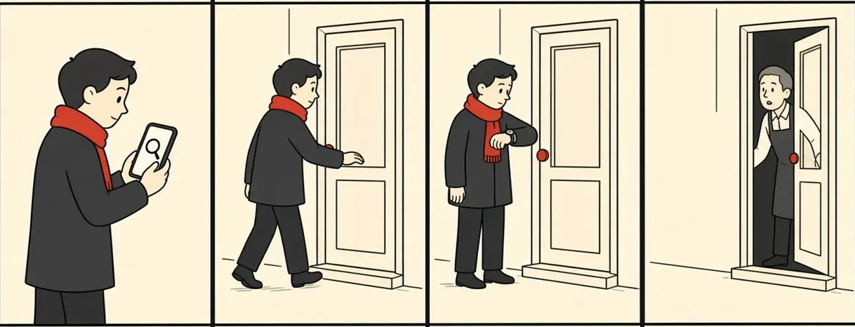 En gæst søger butikken på telefonen, finder den, venter foran den lukkede dør, og er væk, da ejeren endelig åbner.